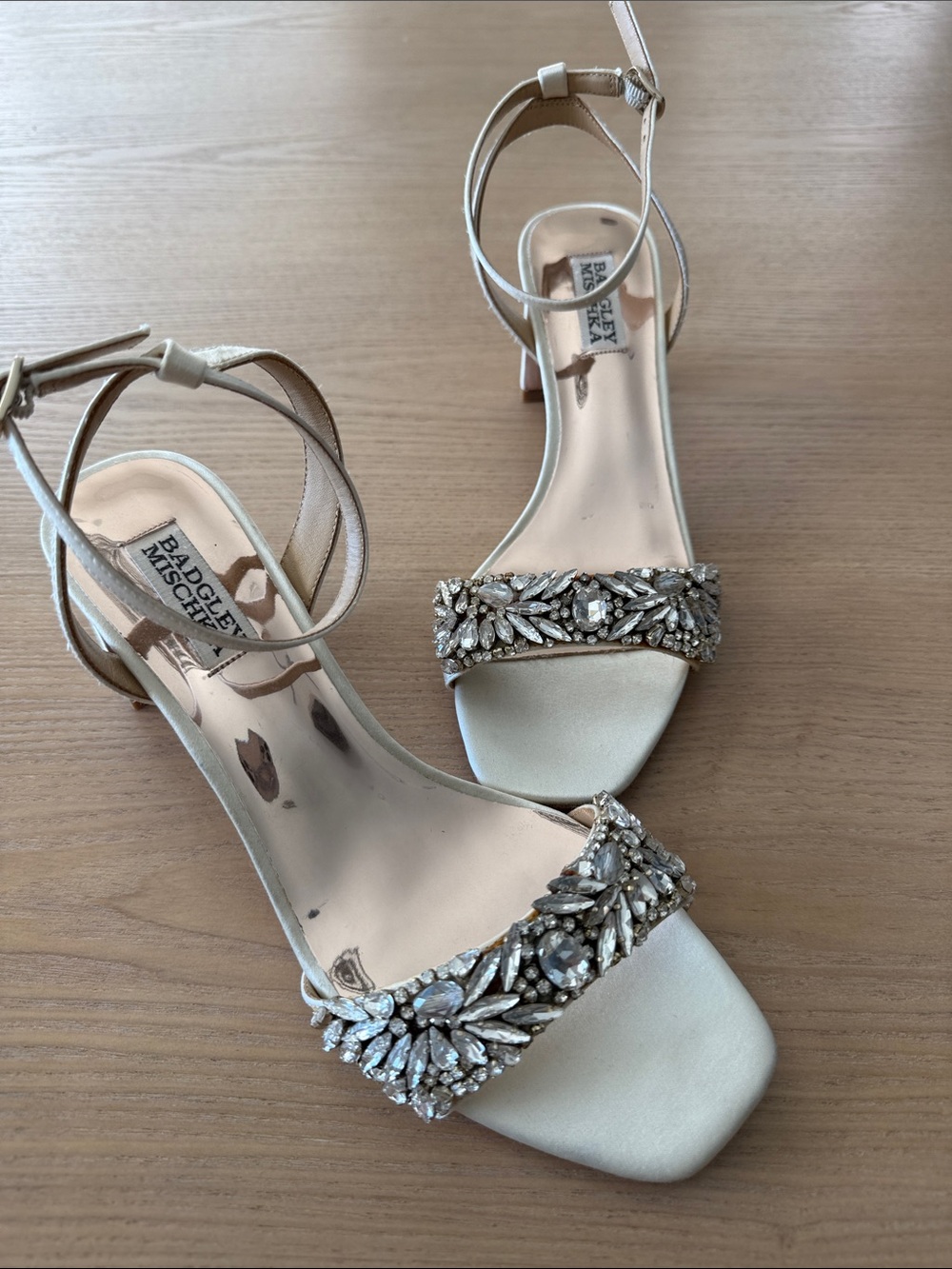Badgley Mischka Champagne Satin Crystal-Embellished Ankle-Strap Heels